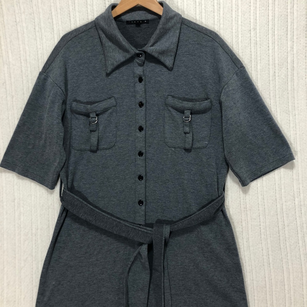 Tiana B. Belted Shirt Dress Pockets Collared Short Sleeve Gray Size M